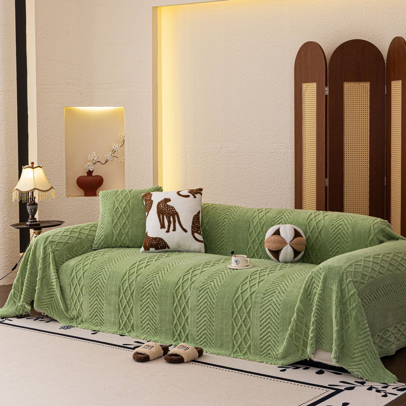 Plush Fleece Sofa Cover with 3D Cable Knit Texture Soft Cozy Warm Sofa Throw Blanket - Ornate Home