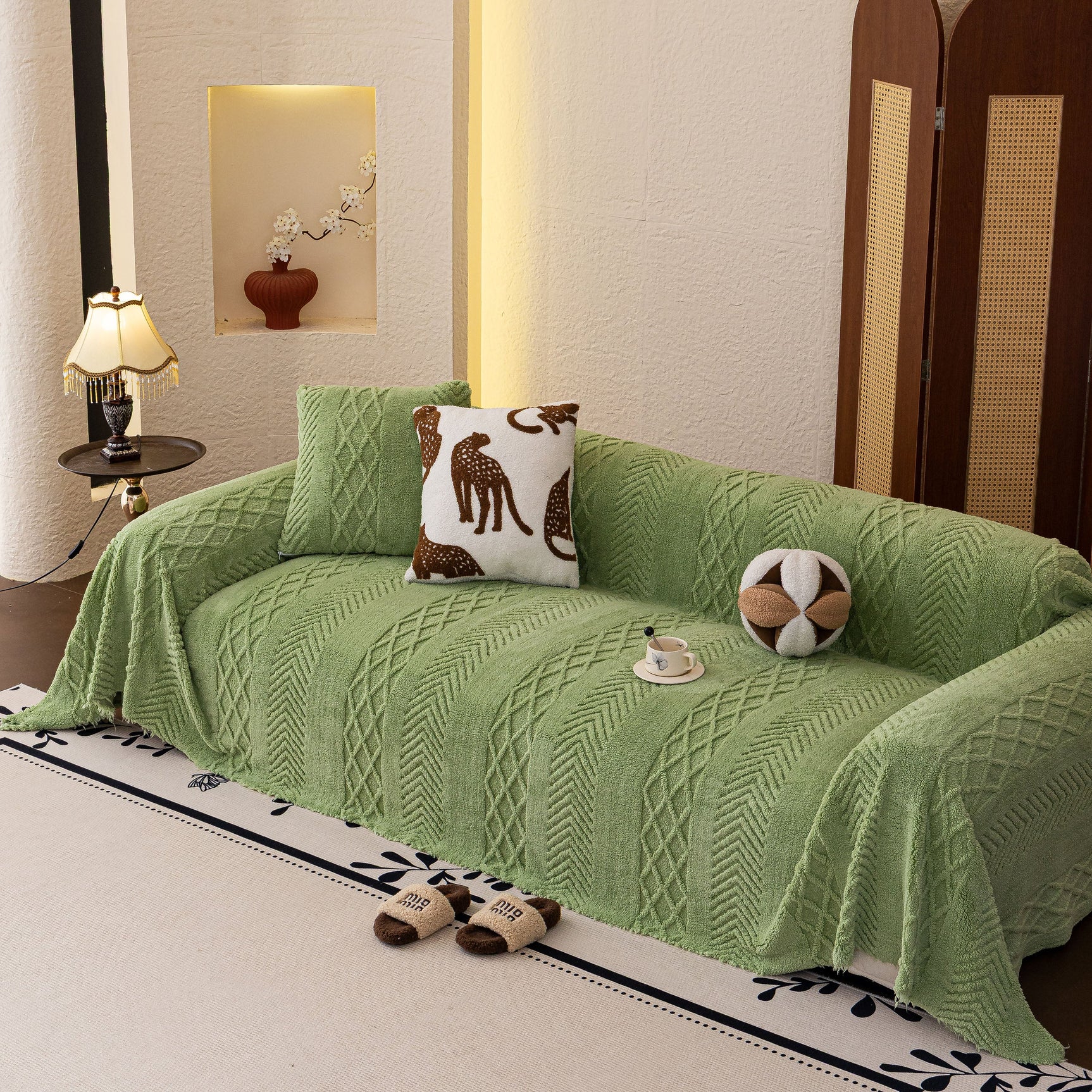 Plush Fleece Sofa Cover with 3D Cable Knit Texture Soft Cozy Warm Sofa Throw Blanket - Ornate Home