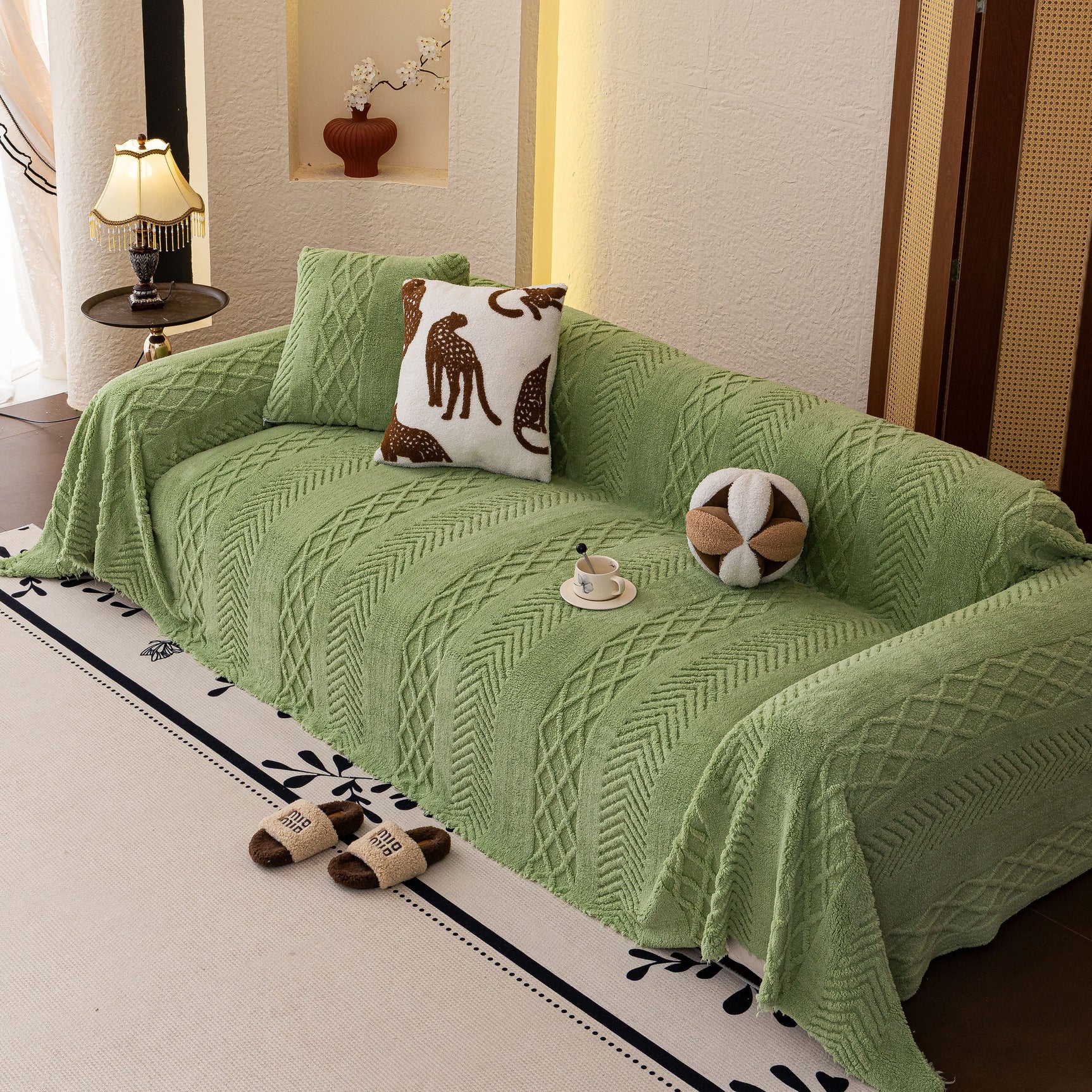 Plush Fleece Sofa Cover with 3D Cable Knit Texture Soft Cozy Warm Sofa Throw Blanket - Ornate Home