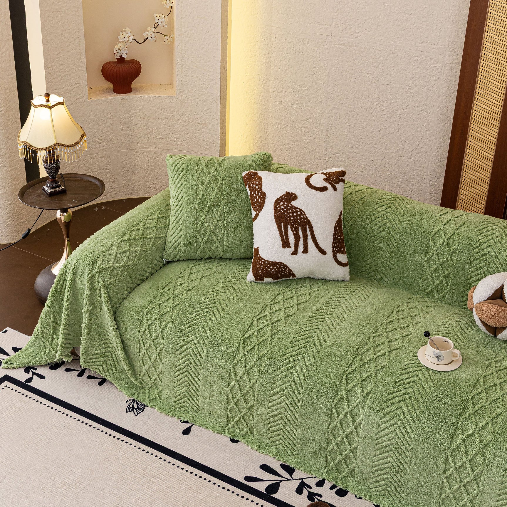 Plush Fleece Sofa Cover with 3D Cable Knit Texture Soft Cozy Warm Sofa Throw Blanket - Ornate Home