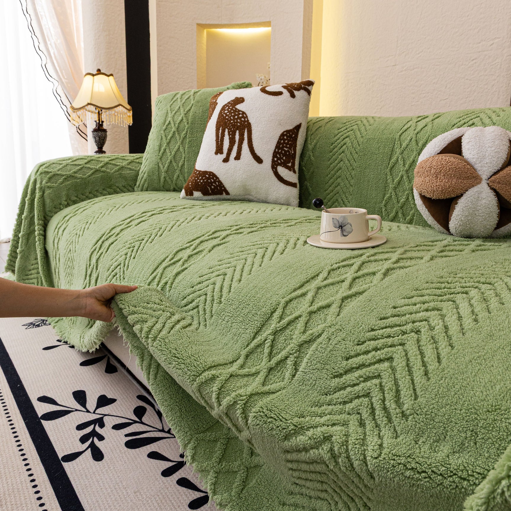 Plush Fleece Sofa Cover with 3D Cable Knit Texture Soft Cozy Warm Sofa Throw Blanket - Ornate Home