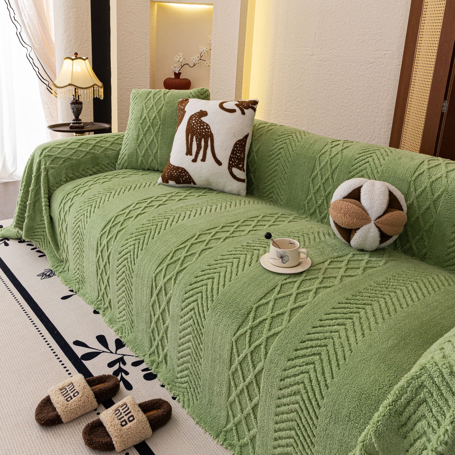 Plush Fleece Sofa Cover with 3D Cable Knit Texture Soft Cozy Warm Sofa Throw Blanket - Ornate Home