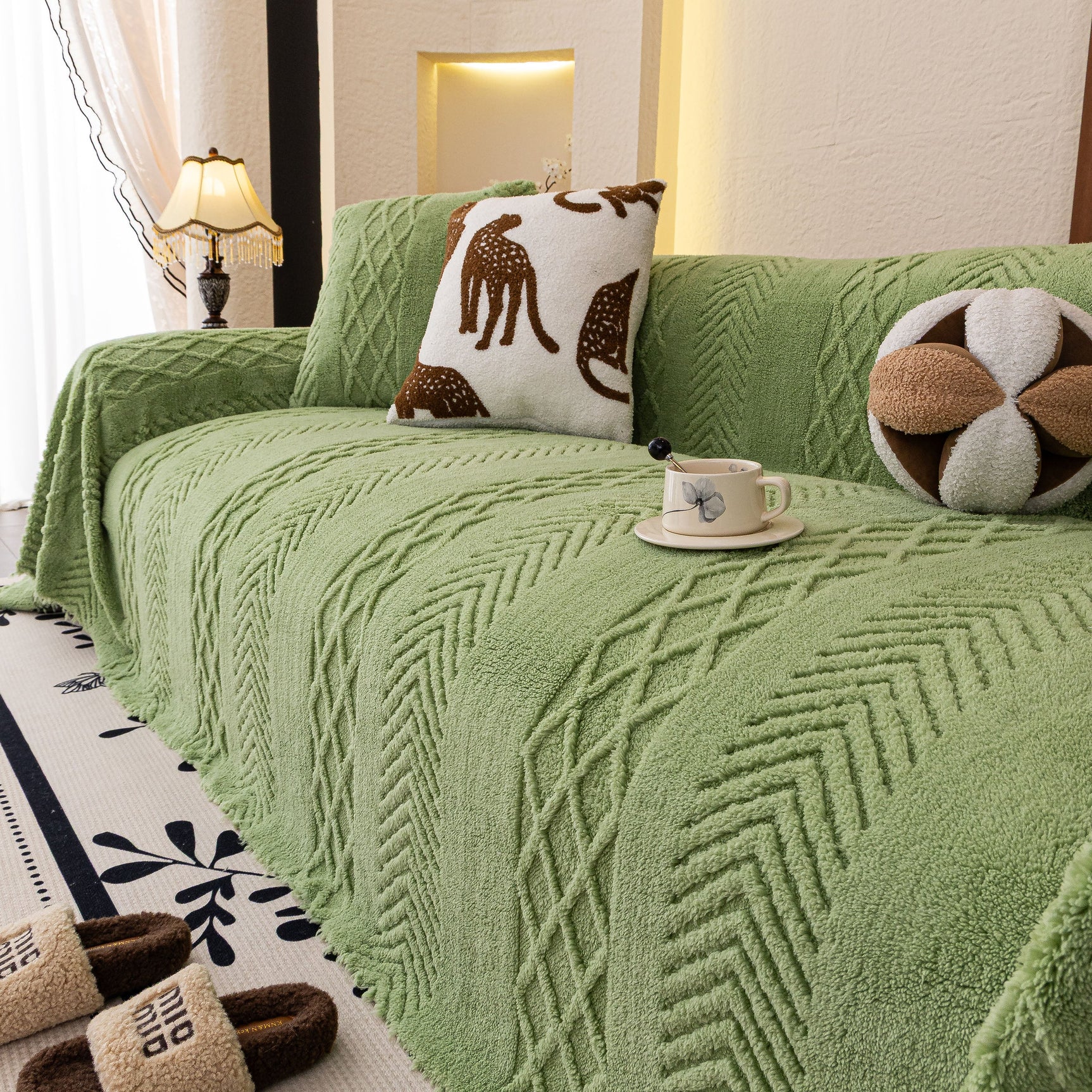Plush Fleece Sofa Cover with 3D Cable Knit Texture Soft Cozy Warm Sofa Throw Blanket - Ornate Home