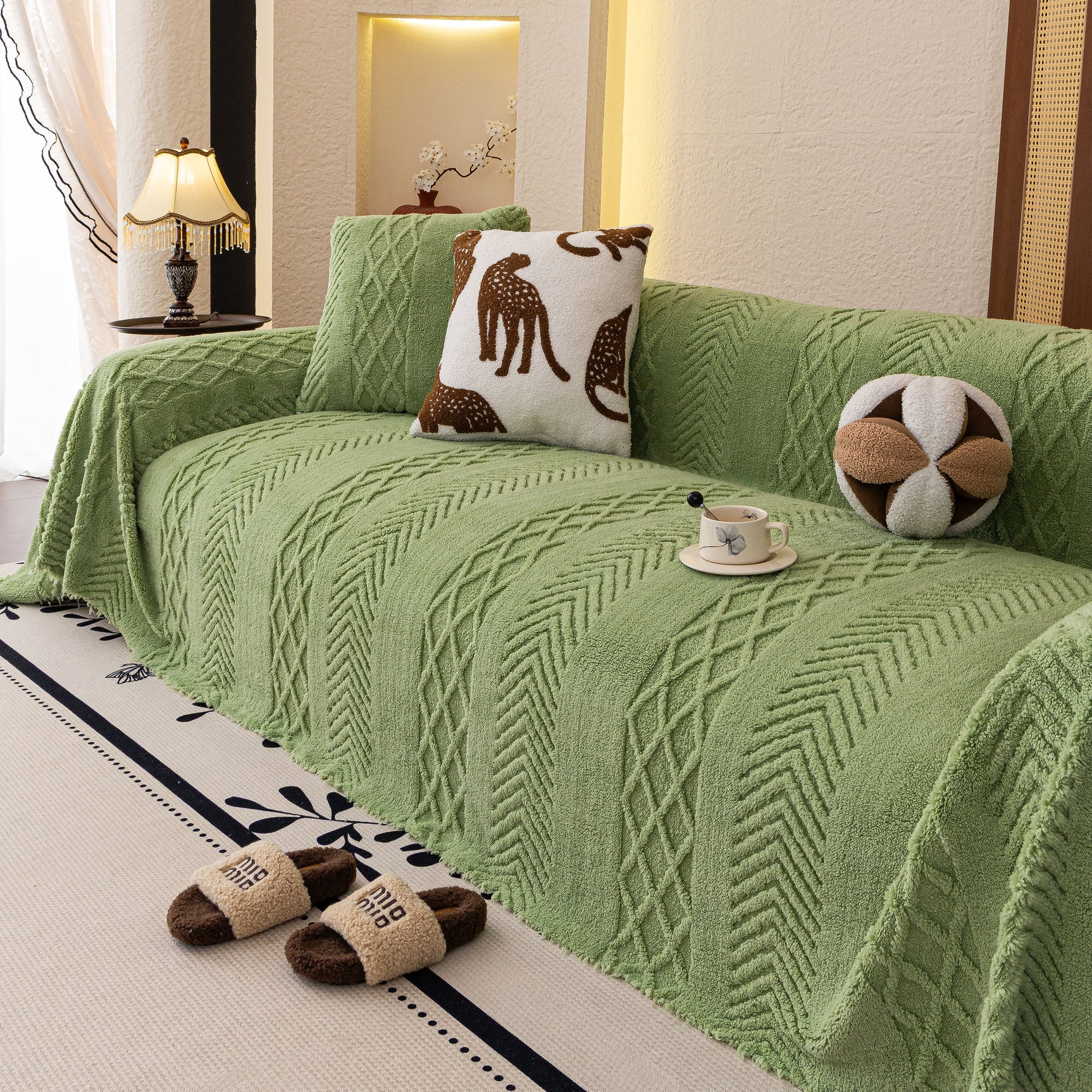Plush Fleece Sofa Cover with 3D Cable Knit Texture Soft Cozy Warm Sofa Throw Blanket - Ornate Home