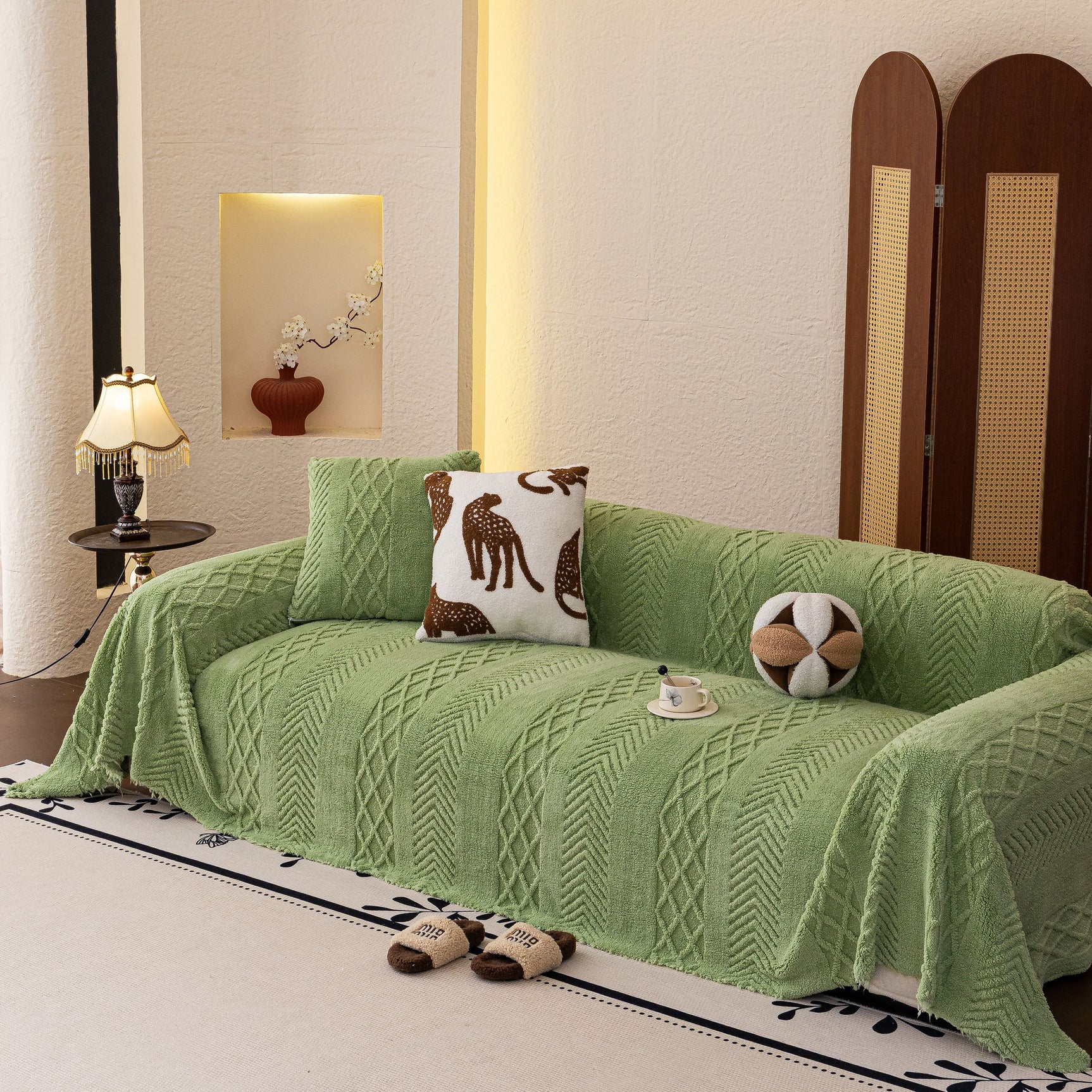 Plush Fleece Sofa Cover with 3D Cable Knit Texture Soft Cozy Warm Sofa Throw Blanket - Ornate Home