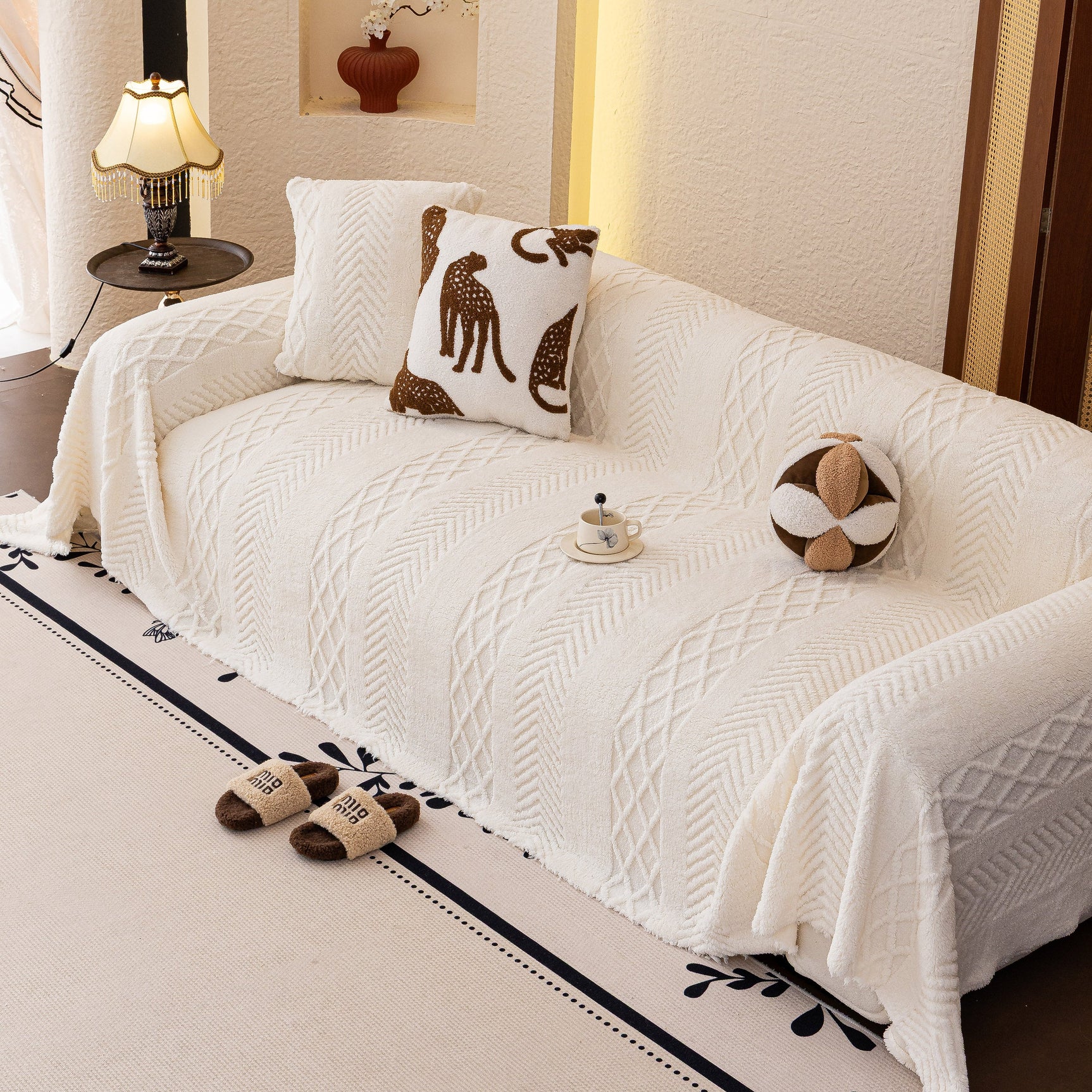 Plush Fleece Sofa Cover with 3D Cable Knit Texture Soft Cozy Warm Sofa Throw Blanket - Ornate Home