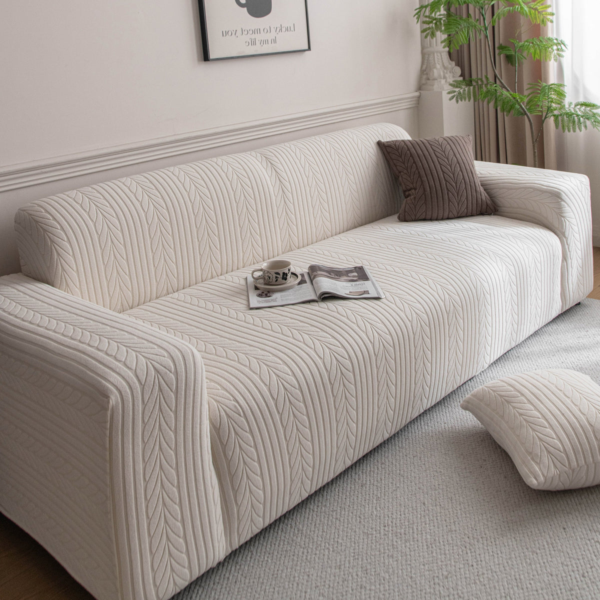Plush Fleece Sofa Slipcover with 3D Wheat Pattern, Cozy High-Stretch Couch Cover - Ornate Home