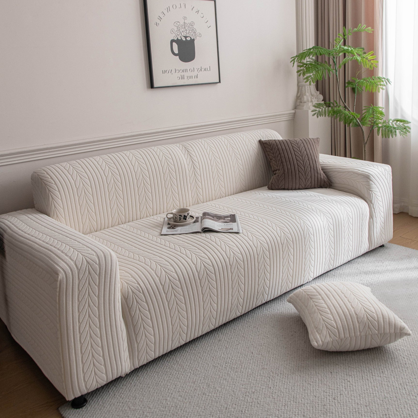 Plush Fleece Sofa Slipcover with 3D Wheat Pattern, Cozy High-Stretch Couch Cover - Ornate Home