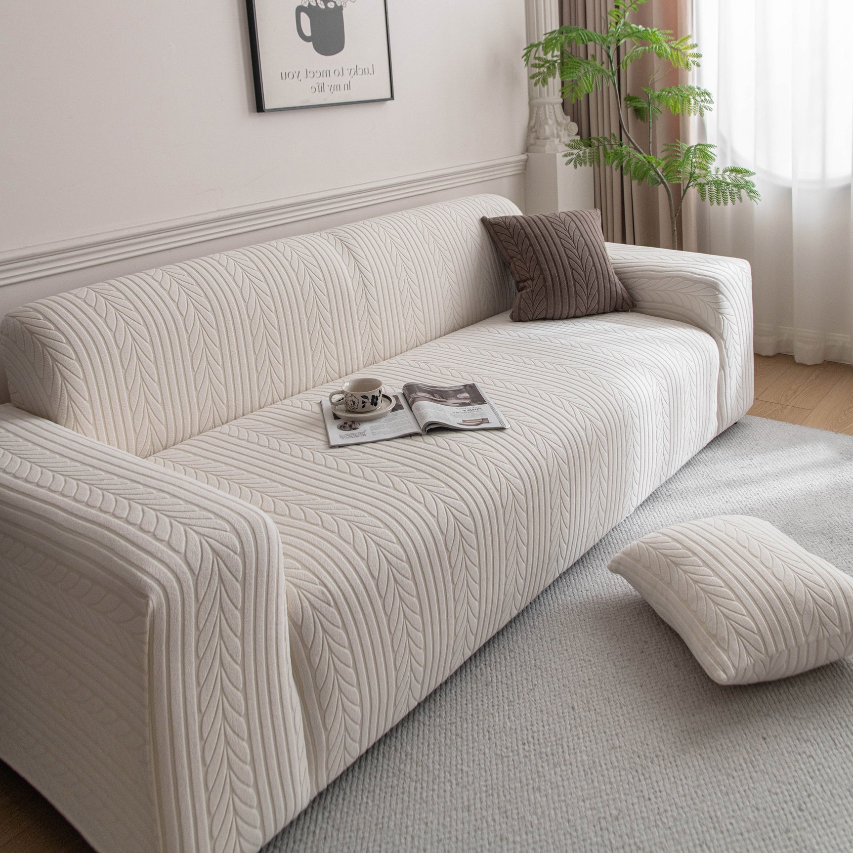 Plush Fleece Sofa Slipcover with 3D Wheat Pattern, Cozy High-Stretch Couch Cover - Ornate Home
