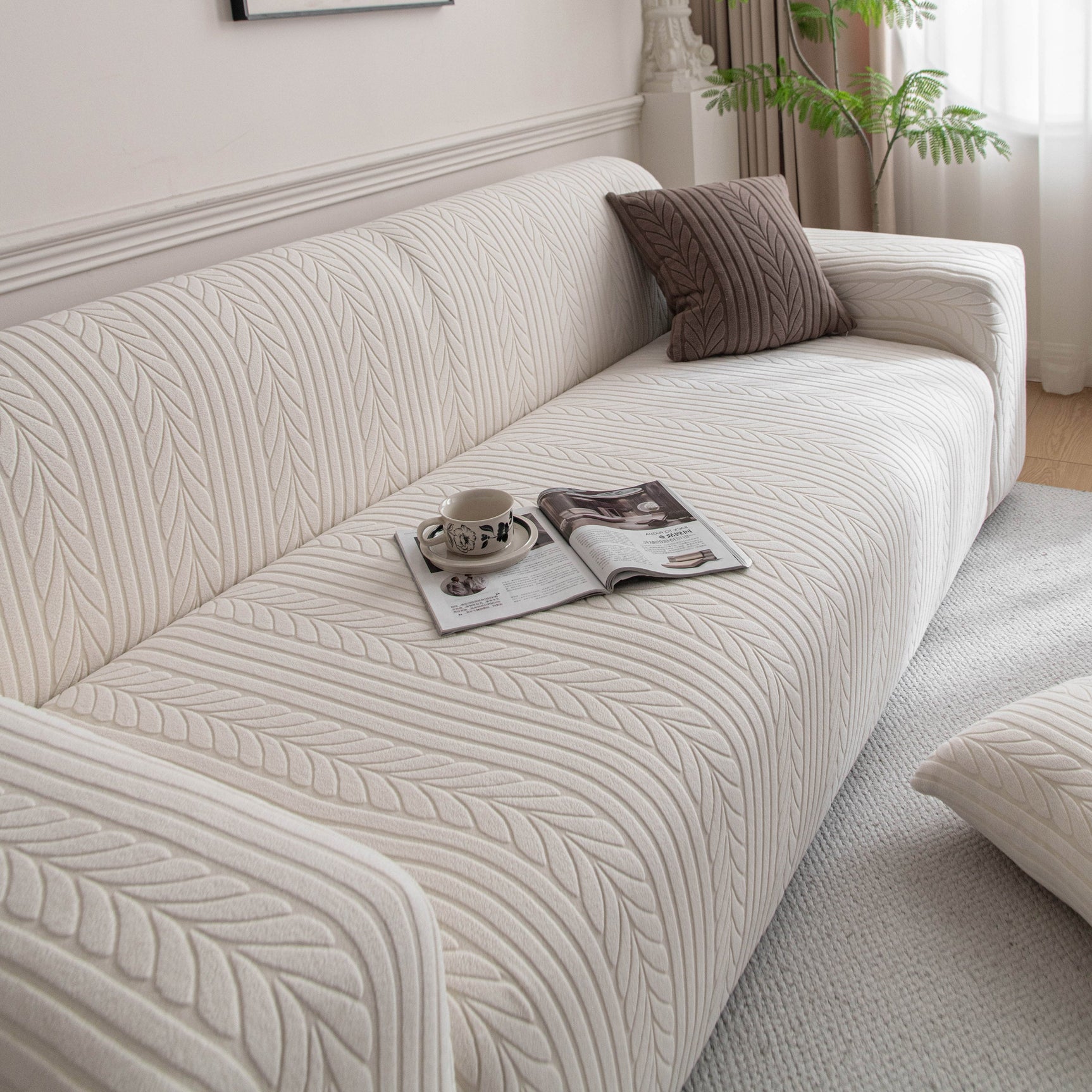 Plush Fleece Sofa Slipcover with 3D Wheat Pattern, Cozy High-Stretch Couch Cover - Ornate Home