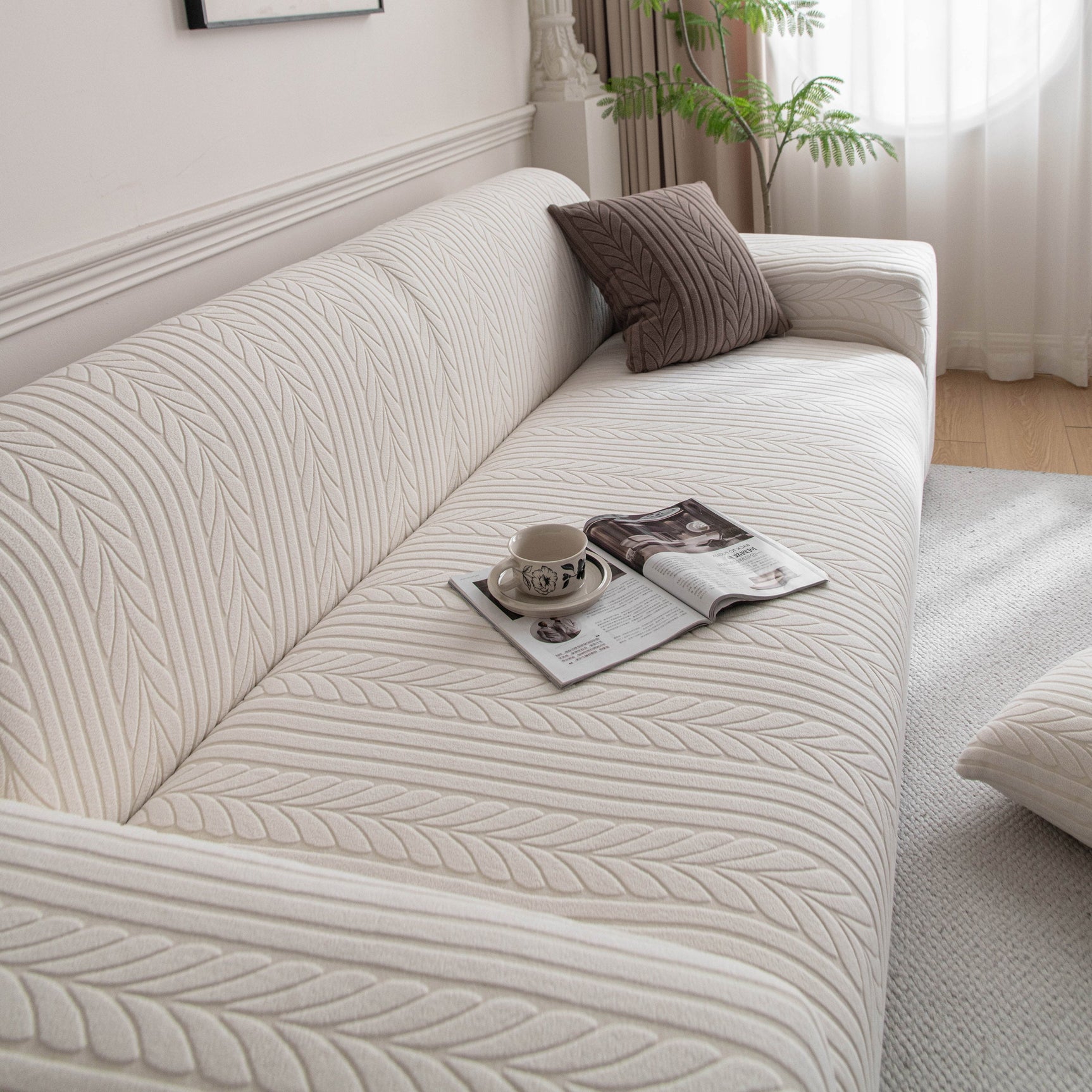 Plush Fleece Sofa Slipcover with 3D Wheat Pattern, Cozy High-Stretch Couch Cover - Ornate Home