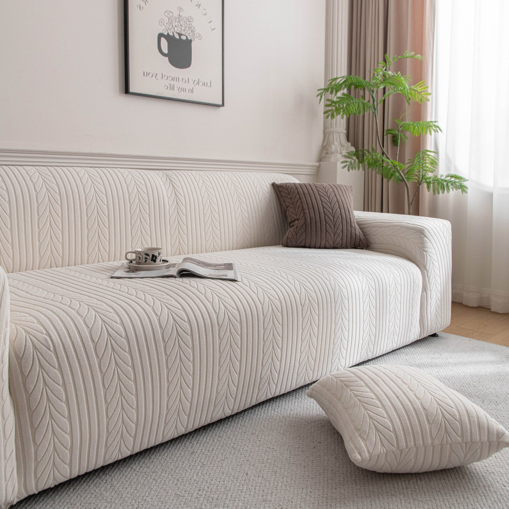 Plush Fleece Sofa Slipcover with 3D Wheat Pattern, Cozy High-Stretch Couch Cover - Ornate Home