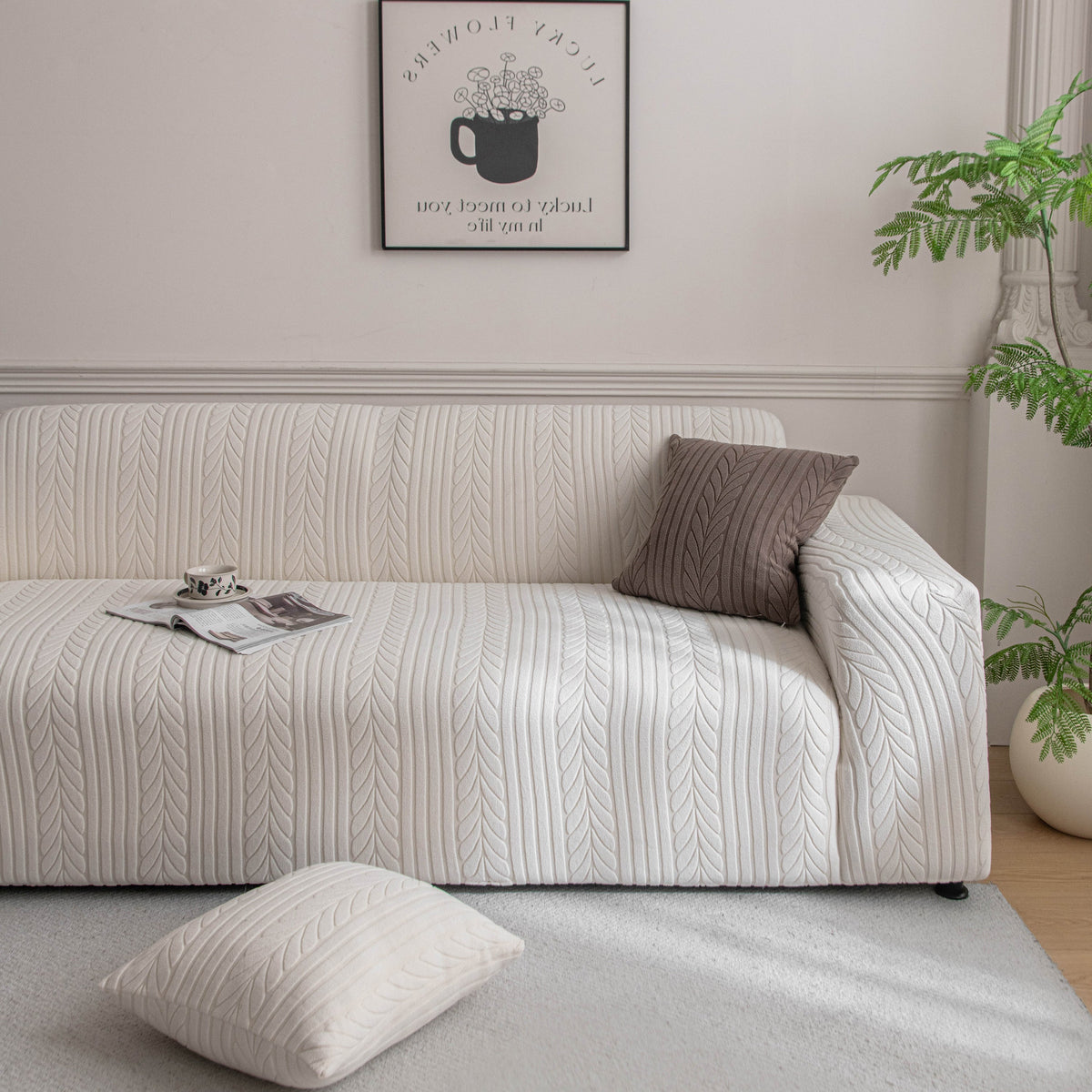 Plush Fleece Sofa Slipcover with 3D Wheat Pattern, Cozy High-Stretch Couch Cover - Ornate Home
