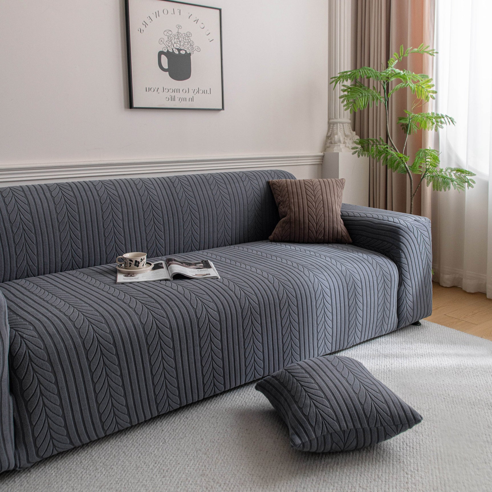 Plush Fleece Sofa Slipcover with 3D Wheat Pattern, Cozy High-Stretch Couch Cover - Ornate Home