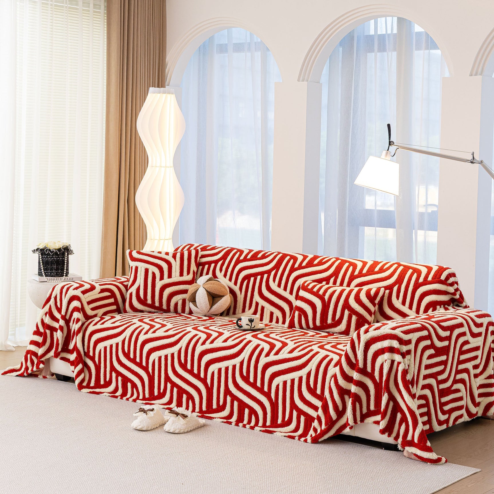 Plush Sherpa Sofa Throw Cover for Sectional, Jacquard Wave Throw Furniture Protector - Ornate Home