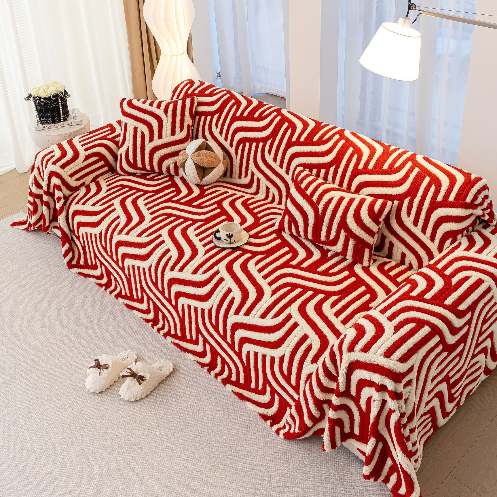 Plush Sherpa Sofa Throw Cover for Sectional, Jacquard Wave Throw Furniture Protector - Ornate Home