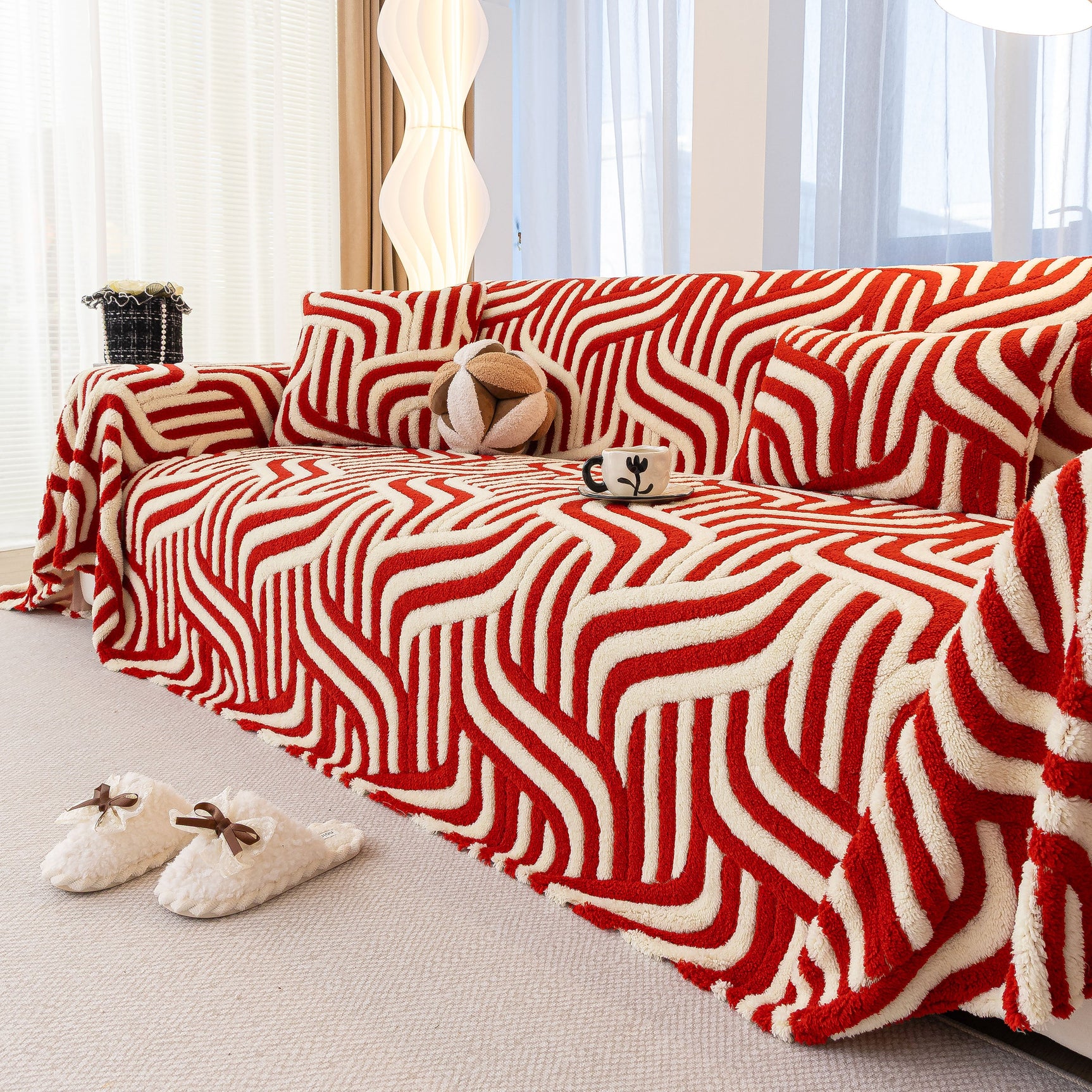 Plush Sherpa Sofa Throw Cover for Sectional, Jacquard Wave Throw Furniture Protector - Ornate Home
