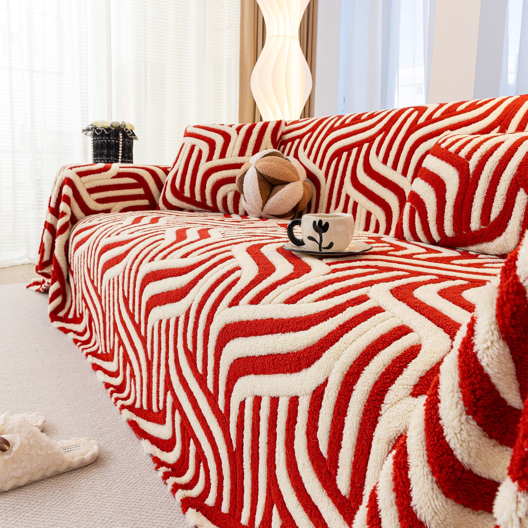 Plush Sherpa Sofa Throw Cover for Sectional, Jacquard Wave Throw Furniture Protector - Ornate Home