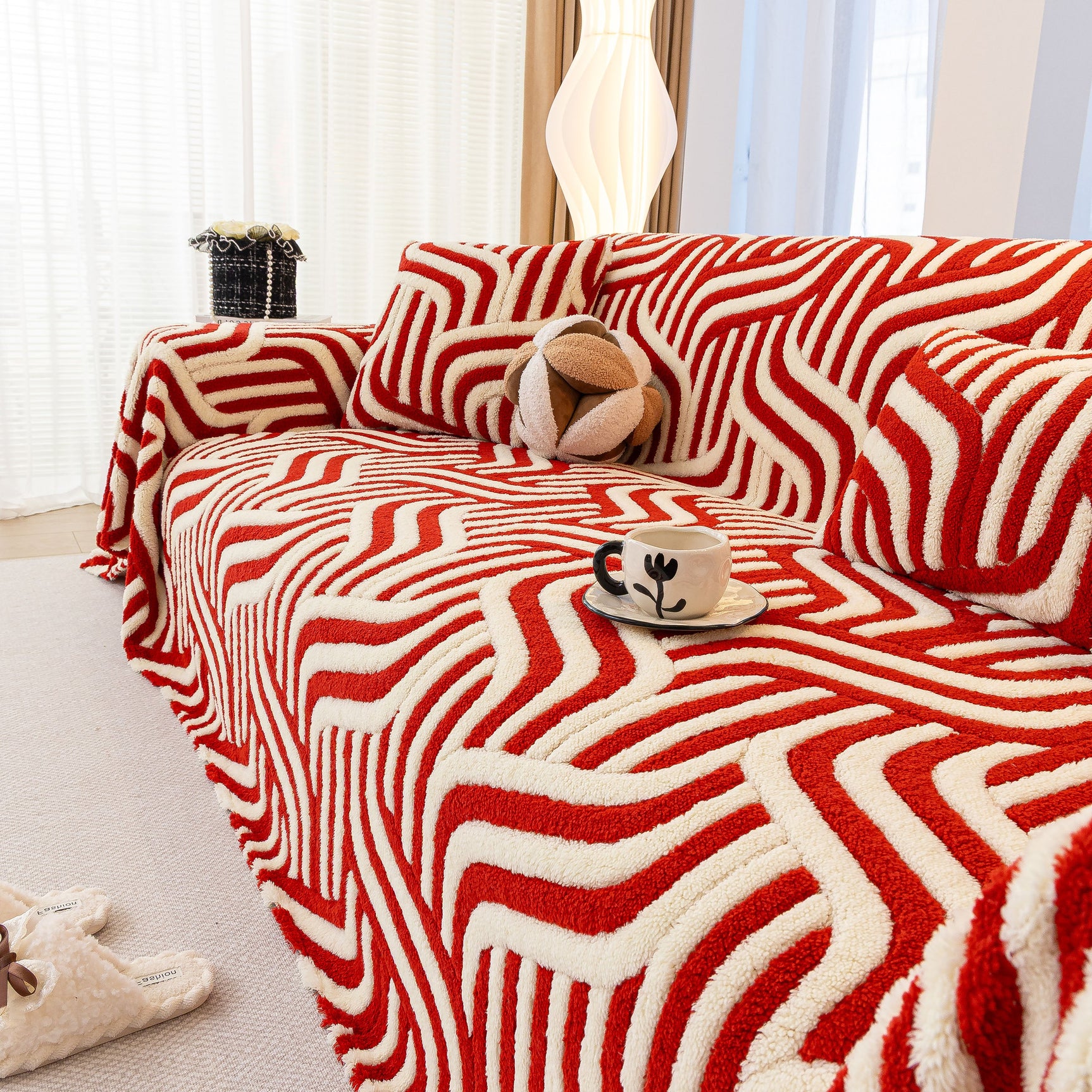 Plush Sherpa Sofa Throw Cover for Sectional, Jacquard Wave Throw Furniture Protector - Ornate Home
