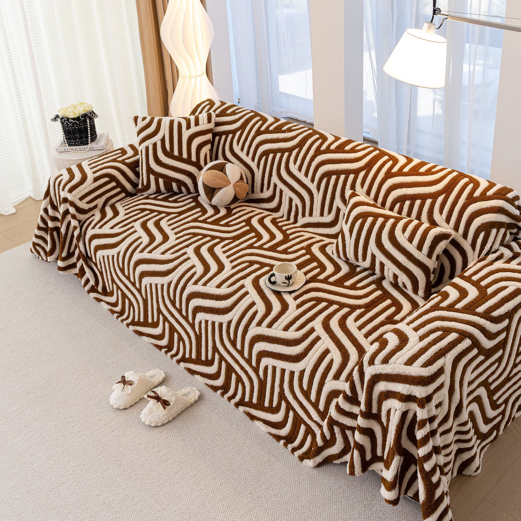 Plush Sherpa Sofa Throw Cover for Sectional, Jacquard Wave Throw Furniture Protector - Ornate Home