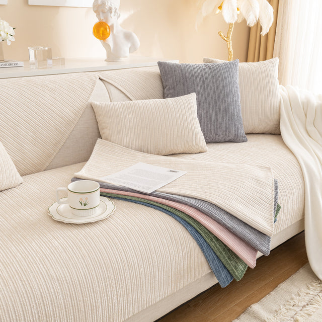 Plush Solid Color Striped L-Shaped Sofa Slipcovers, Washable Non-Slip Textured Furniture Covers - Ornate Home