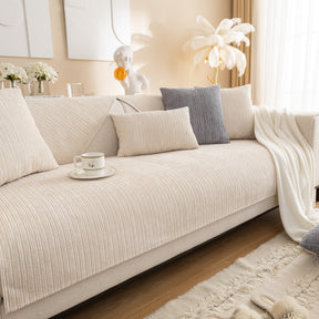 Plush Solid Color Striped L-Shaped Sofa Slipcovers, Washable Non-Slip Textured Furniture Covers - Ornate Home
