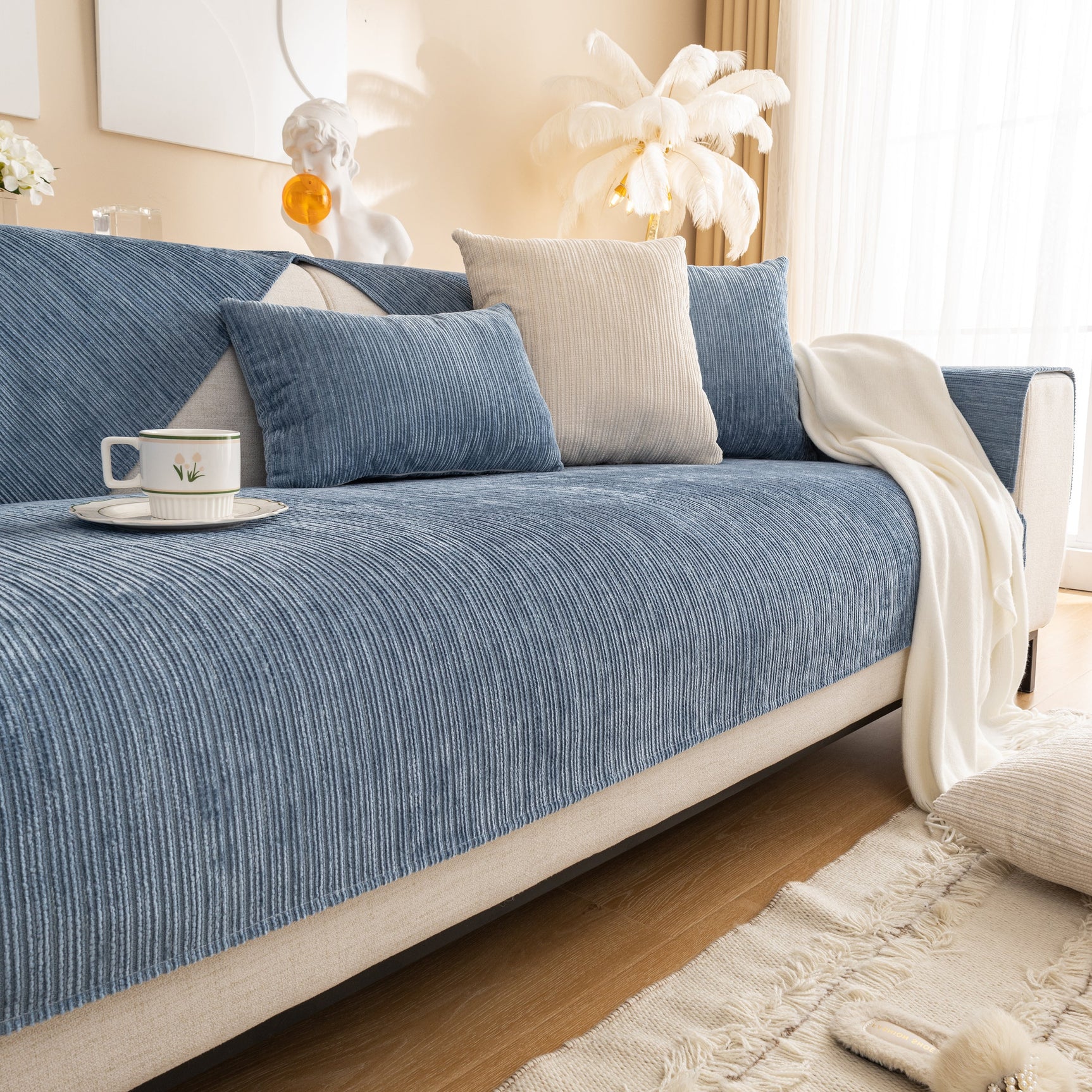 Plush Solid Color Striped L-Shaped Sofa Slipcovers, Washable Non-Slip Textured Furniture Covers - Ornate Home