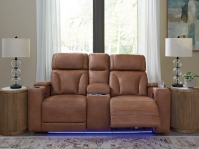Point Clear Caramel-Dual Power Reclining Loveseat with Console - Ornate Home