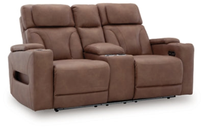 Point Clear Caramel-Dual Power Reclining Loveseat with Console - Ornate Home