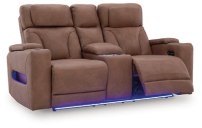 Point Clear Caramel-Dual Power Reclining Loveseat with Console - Ornate Home