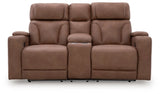 Point Clear Caramel-Dual Power Reclining Loveseat with Console - Ornate Home
