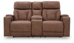 Point Clear Caramel-Dual Power Reclining Loveseat with Console - Ornate Home