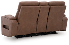 Point Clear Caramel-Dual Power Reclining Loveseat with Console - Ornate Home
