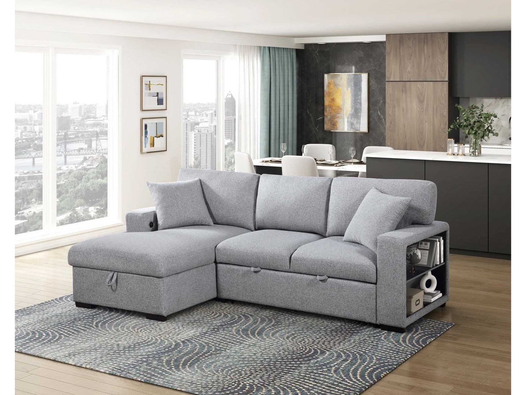 Pompano Sleeper Sectional with Left Chaise, Pull-out Bed and Hidden Storage, Charging Ports - Ornate Home
