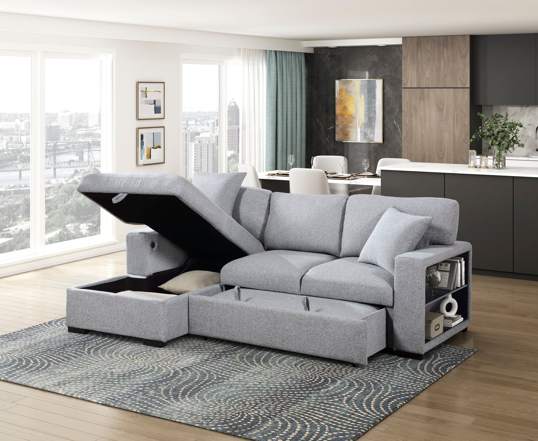 Pompano Sleeper Sectional with Left Chaise, Pull-out Bed and Hidden Storage, Charging Ports - Ornate Home