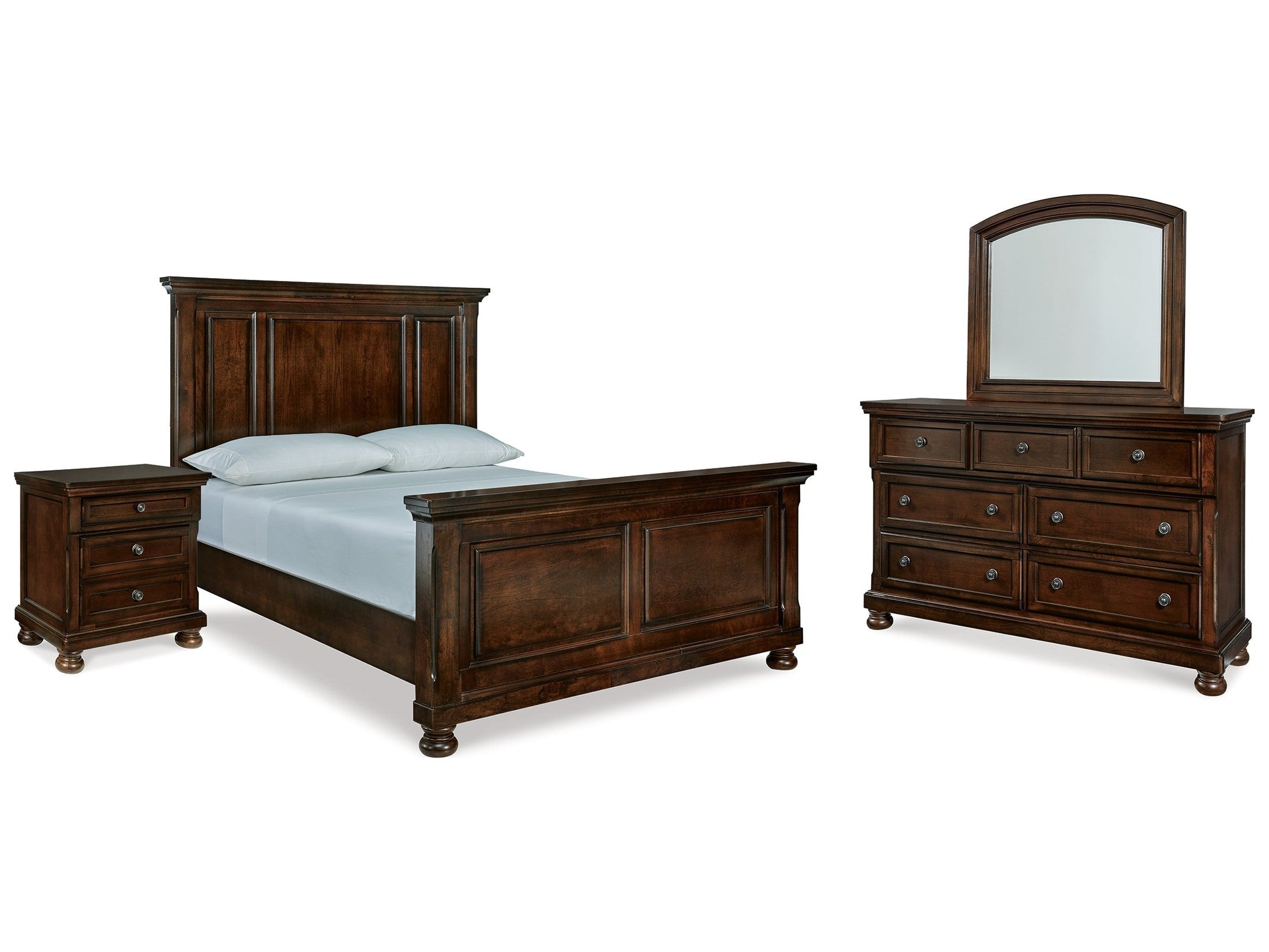 Ashley Furniture Porter Rustic Brown Queen Panel Bedroom Set with Dresser, Mirror and Nightstand