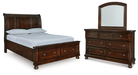 Porter Rustic Brown Queen Sleigh Storage Bed, Dresser and Mirror - Ornate Home