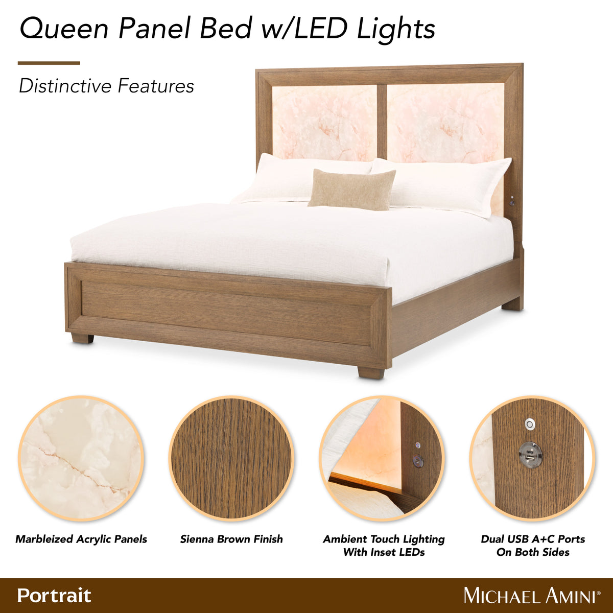 Portrait Sienna Brown Queen Panel Bed with LED Lights