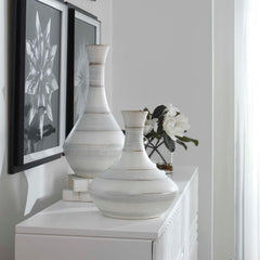 Potter Blue/Brown/White Fluted Striped Vases (Set of 2) - Ornate Home