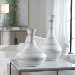 Potter Blue/Brown/White Fluted Striped Vases (Set of 2) - Ornate Home