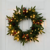 Pre-Lit Artificial Christmas Holiday 5 Piece Bundle with Pinecones & Berries- Set of 2 5' Christmas Trees, 24-in Wreath and set of 2 9-ft Garlands - Ornate Home