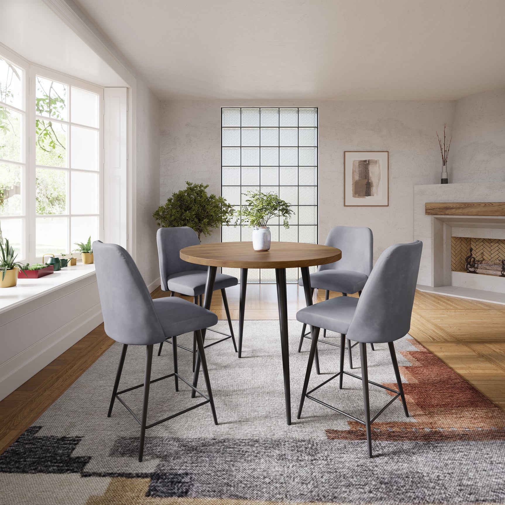 Prelude Suede/Grey Round Counter Dining Table w/ 4 Maddox Stools - Ornate Home