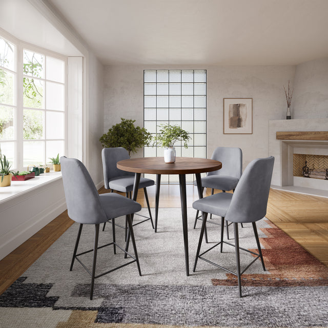 Prelude Walnut/Grey Round Counter Dining Table w/ 4 Maddox Stools - Ornate Home