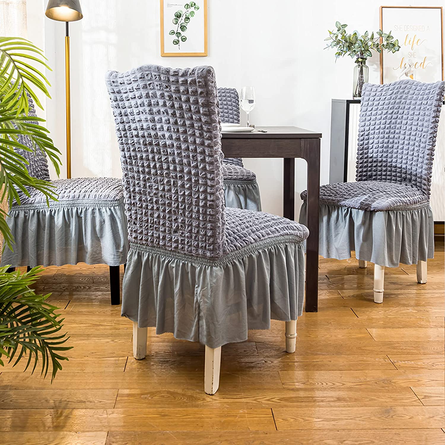 Premium Textured Seersucker High-Stretch Washable Dining Chair Slipcovers with Skirt - Ornate Home