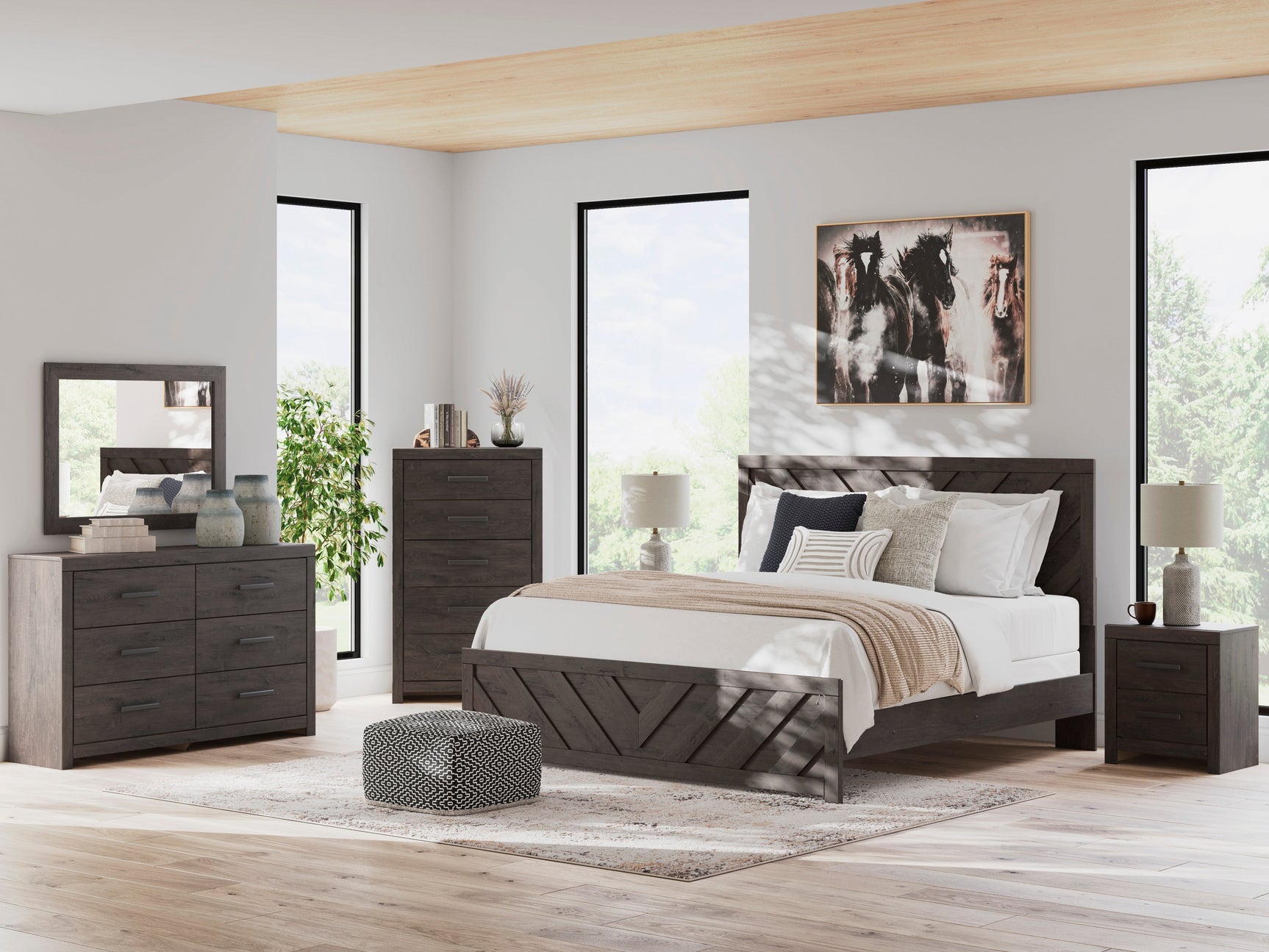 Prendonea Charcoal King Panel Bed, Dresser, Mirror, Chest and 2 Nightstands (Online Special Price) - Ornate Home