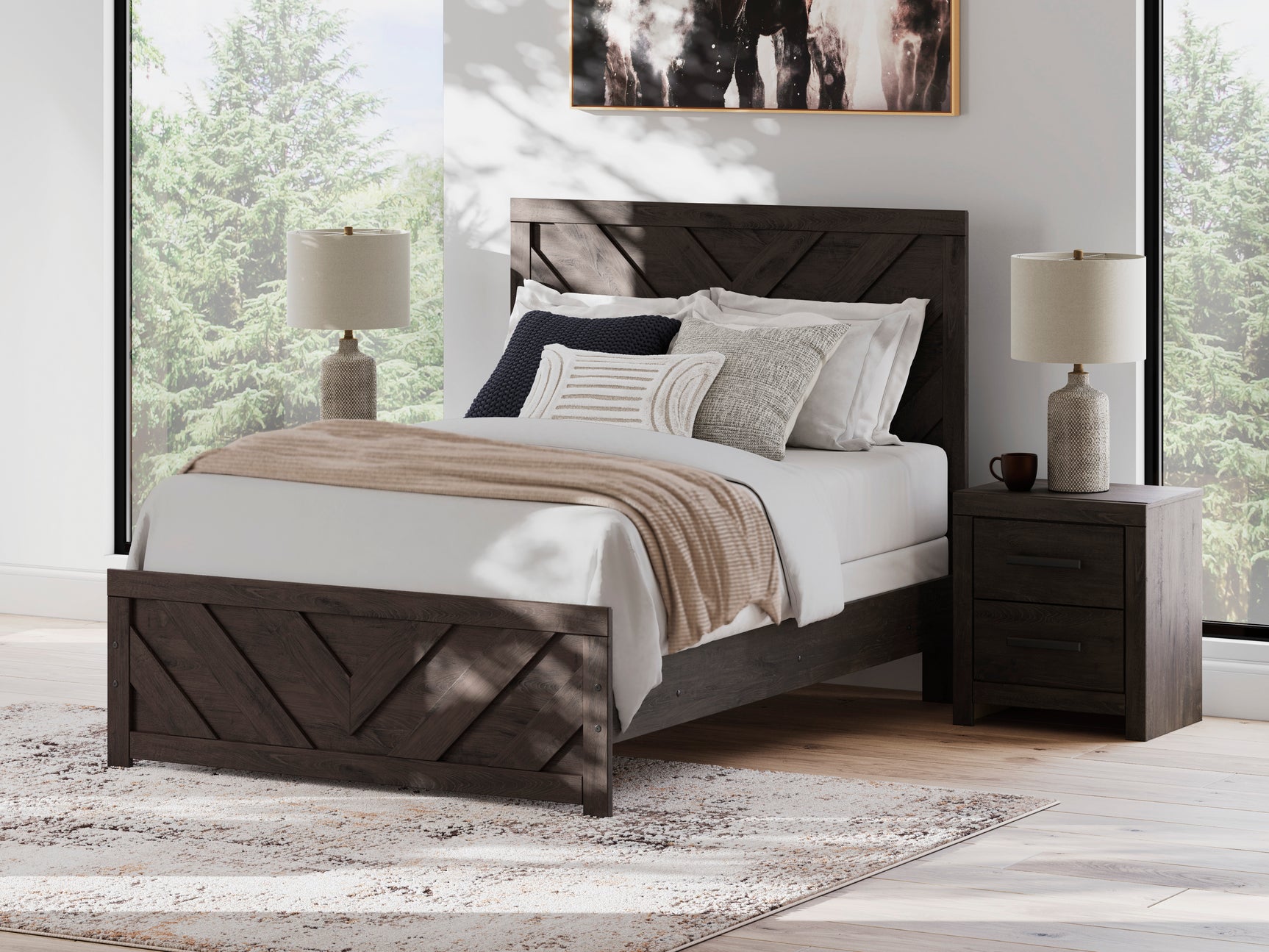 Prendonea Charcoal Full Panel Bed, Dresser, Mirror, Chest and 2 Nightstands - Ornate Home