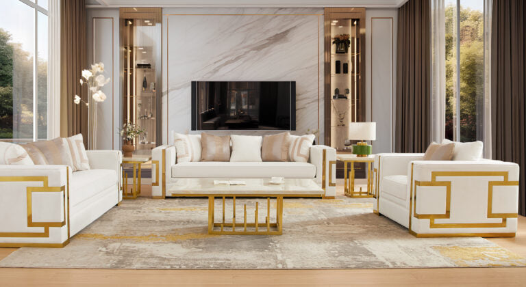 Prestige Living White/Gold Sofa / HD-S2131 - Ornate Home