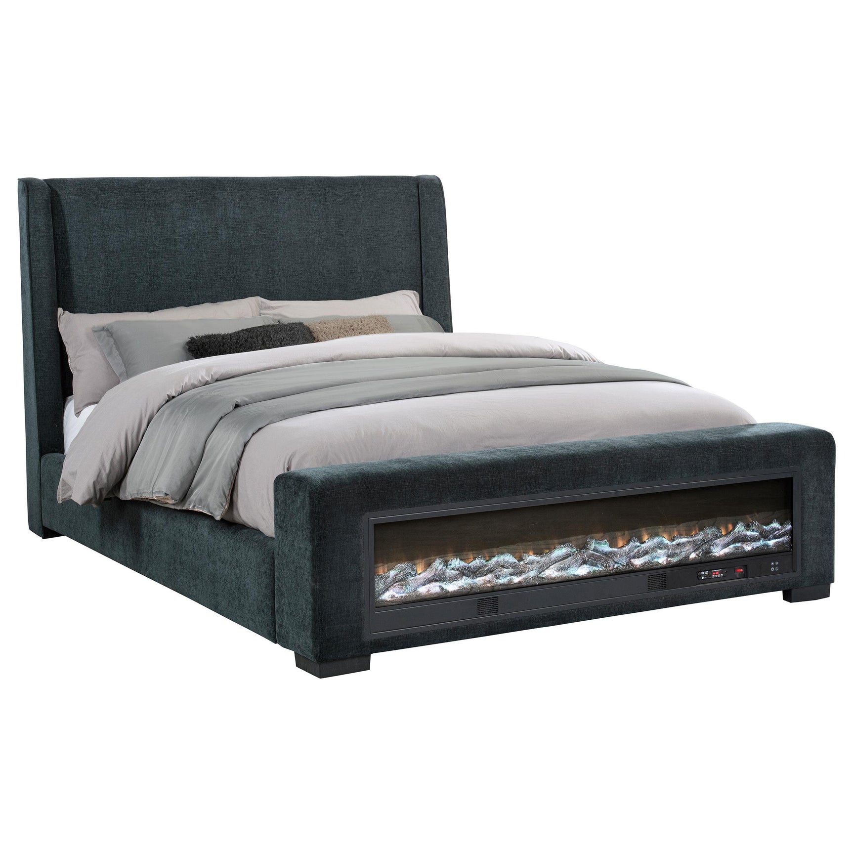 Preston Blue Upholstered Queen Audio Flame Visualizer Bed - Ornate Home