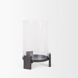 Price Matte Black-Brown Small Metal with Glass Hurricane Candle Holder
