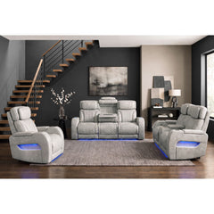 Prime Time Leather Gel Light Grey P3 Loveseat with Console, 7 Colors LED, Cup Holders and Wireless Charger Controller